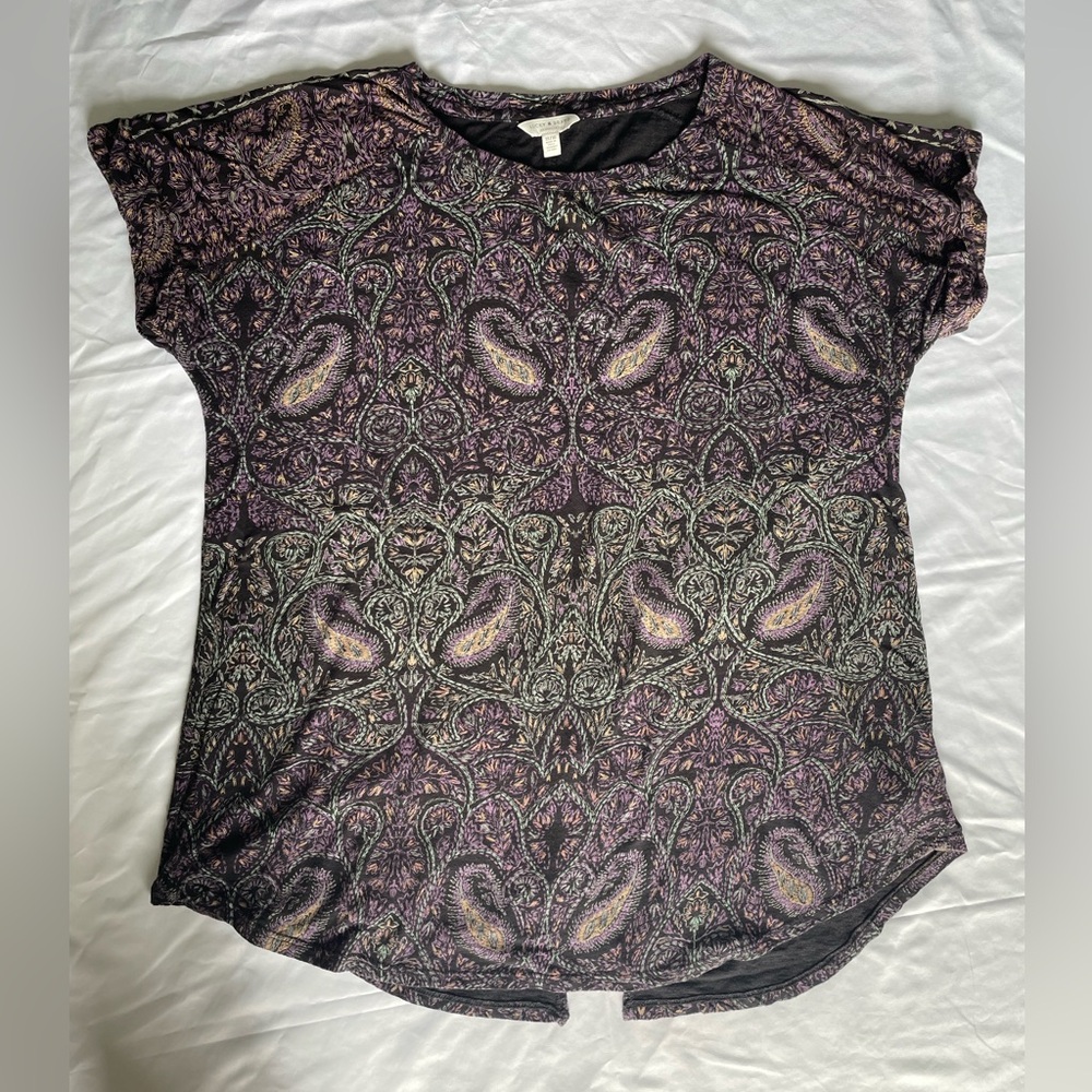 Lucky Brand Top Womens 1X Paisley Boho Short Sleeve Lightweight Cotton Blend